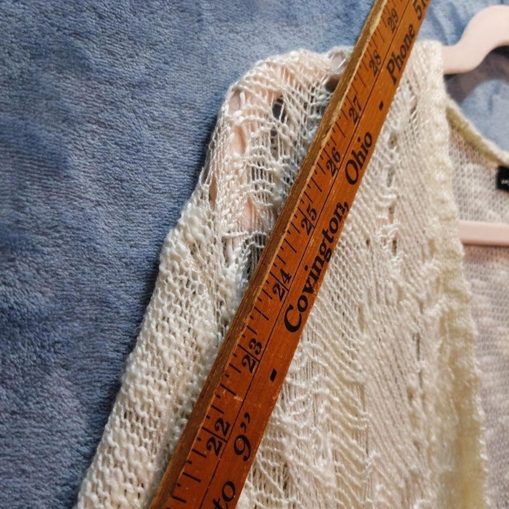 United States Sweaters Cream Crochet Fringe Handkerchief Hem Open Cardigan L - Picture 7 of 10